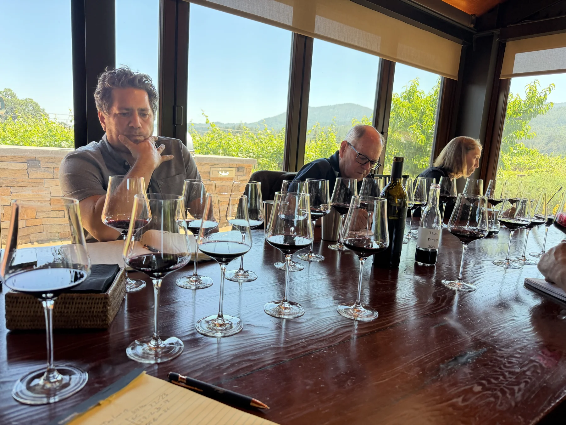 Julien Fayard, Stephen Taplin and Sylvia Taplin tasting wines at a long table with vineyard views